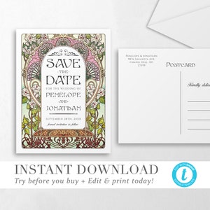 Floral Nouveau Guardar la fecha Plantilla de postal DESCARGA INSTANTE Invitación colorida DIY Boda imprimible editable Guardar la fecha Templett V 05