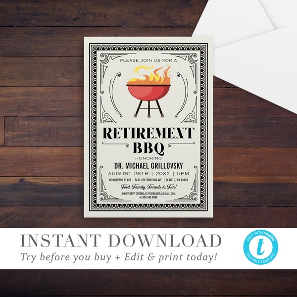 Retirement BBQ Invitation, Printable Editable Retirement Party Invitation Templett, Retirement Party Invitation Template Try Before You Buy!