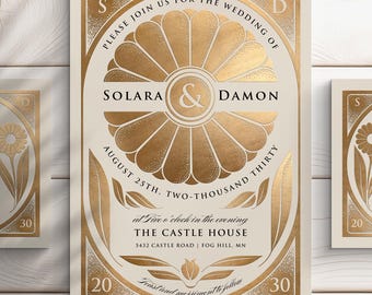 SOLARA 1 : CANVA Mini-Wedding Suite, Elegant Faux Gold Foil, DIY Editable Printable, 3-Piece Wedding Template Invitation Suite, Custom Color