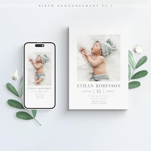 Plantilla de tarjeta fotográfica de anuncio de nacimiento CANVA v2.1, descarga instantánea, anuncio de nacimiento moderno y elegante, iPhone digital DIY editable imprimible