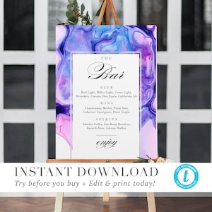 May include: A printable sign with a purple, pink, and blue watercolor background. The sign says "The Bar" and lists different types of beer, wine, and spirits. The text "enjoy" is at the bottom of the sign.