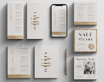 May include: Branding kit for a business named Olivia Alvarez. The kit includes a price list, a sale announcement, a spring sale announcement, and a logo with gold accents.