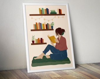 DIGITAL DOWNLOAD // Reader Illustration. Printable Wall Art. Printable Decor. Reading. Books. Book Lover. 8x10.