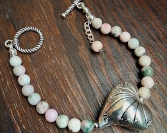 Big Silver Heart Charm Beaded Bracelet, Peace Jasper Beads
