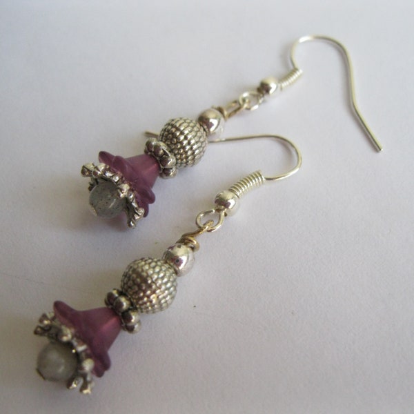 Purple Acrylic Flower and Amethyst Bead Earrings, Sterling Silver Daisies and Bead Caps, Pierced Earrings