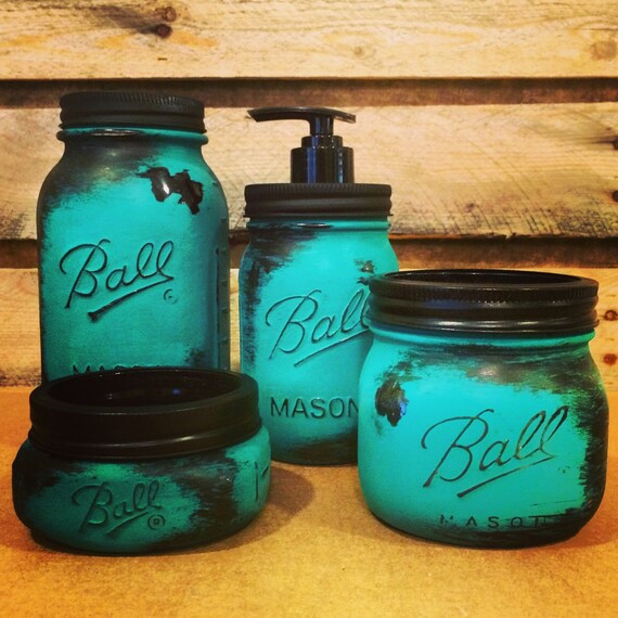 Mason Jar Bathroom Set Rustic Turquoise Mason jars Turquoise Etsy