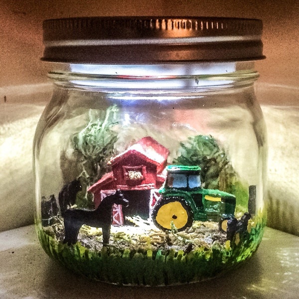 Farm theme LED Night Light, John Deere inspired night Light,  Green Tractor night light, Farm scene Mason Jar Light, farm animal night light