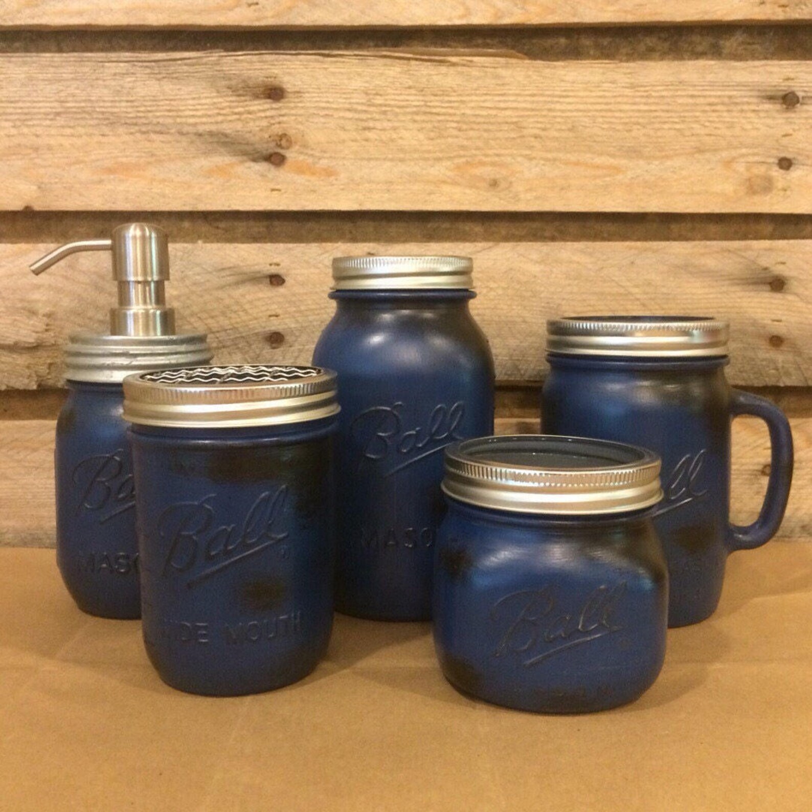 Mason Jar Bathroom Set Rustic Blue Mason jars Mason Jar Desk Etsy