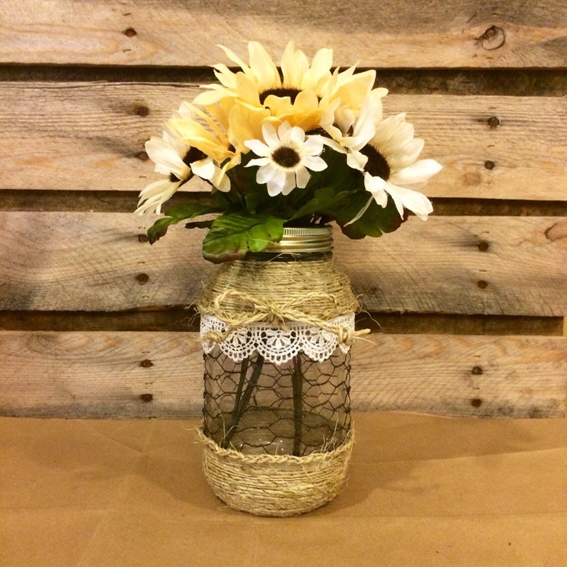 Mason Jar Floral Arrangement Twine Wrapped Mason Jar Vase Etsy