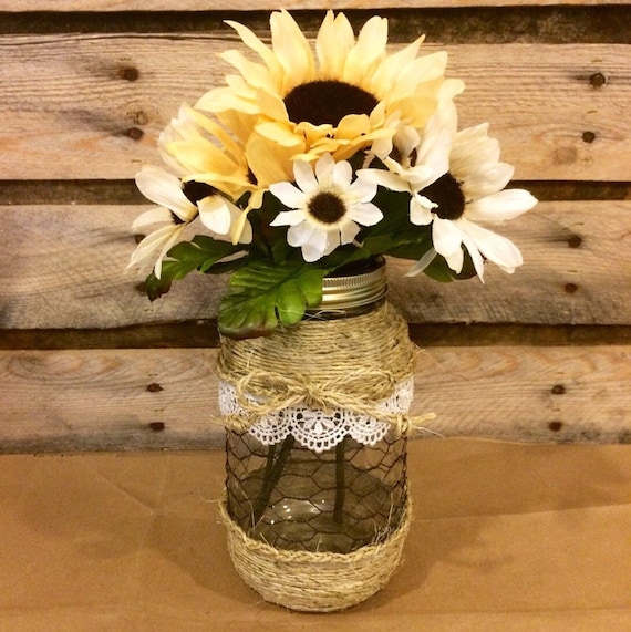Mason Jar Floral Arrangement Twine Wrapped Mason Jar Vase Etsy