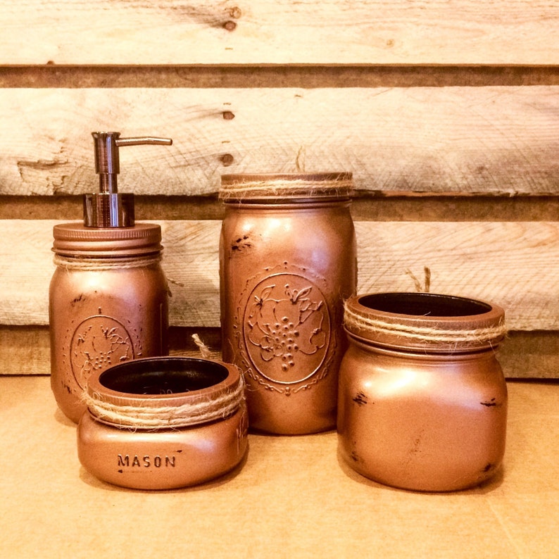 Mason Jar Bathroom Set Hammered Copper Bathroom Set Rustic Etsy
