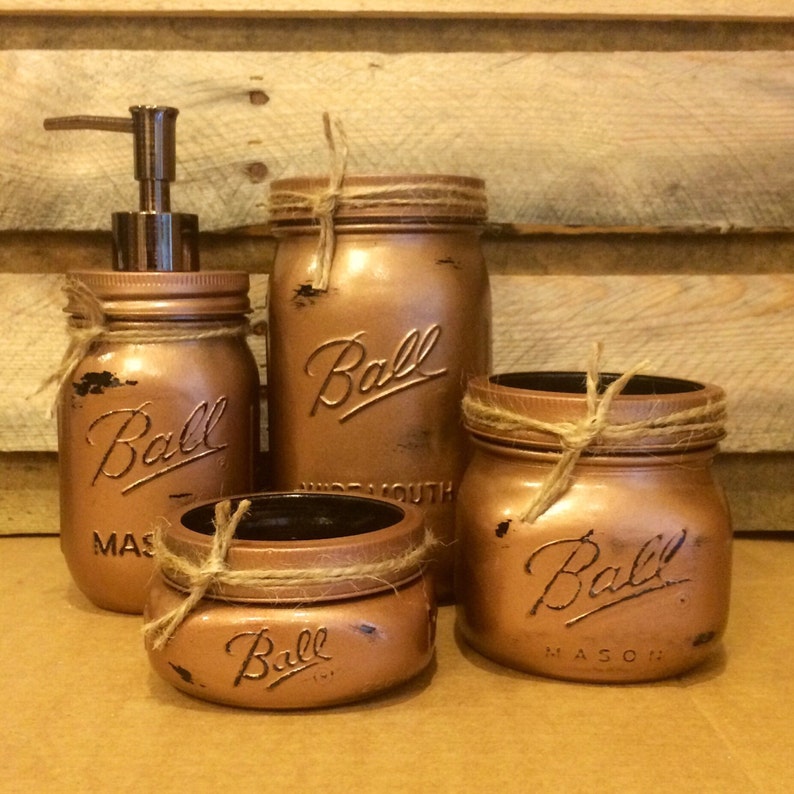 Mason Jar Bathroom Set Hammered Copper Bathroom Set Rustic Etsy