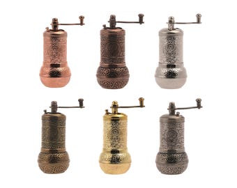 Molinillo de especias turco tradicional de latón, estilo otomano, de 10 cm (4 pulgadas), para pimienta, sal y especias. Muy práctico y funcional.
