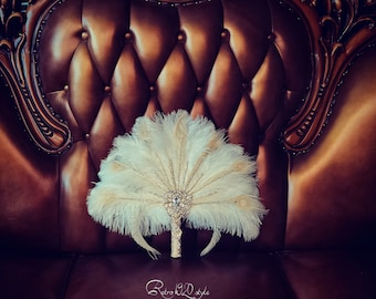 Crystal Feather Fan Bouquet, Ivory Gold Gatsby Wedding Decoration, Ostrich Peacock Feathers