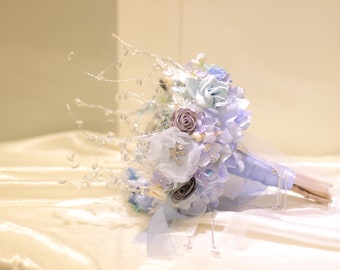 Handmade Blue Pearl Seashell Bridal Bouquet, Marine Style Wedding Decoration