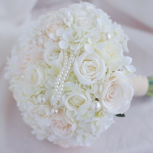 10-Zoll-ivory & weiße Rose Hortensie Brautstrauß ， rosa Perle dekorative Hochzeit Brautjungfer Blumenstrauß künstliche Blume Ehrenstrauß