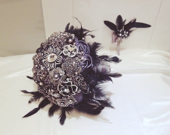 Black Feather Brooch Bridal Bouquet, Rhinestone Crystal Wedding Decoration