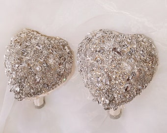 Heart-shaped Silver Brooch Bouquet, Ivory Bridal Jewelry, 9-inch