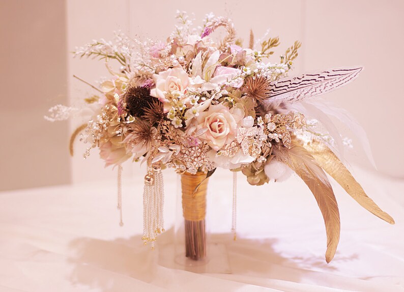 Dried Flowers Eternal Roses Pink Gold Wedding Bridal Bouquet Etsy