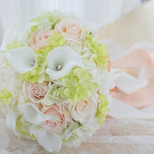 9&quot; Coral Pink Ivory Green Artificial Bouquet, Calla Lily Bouquet, Hydrangea Bouquet, Rose Flower Bouquet High simulation bridal bouquet