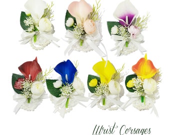Calla Lily Wedding Corsage Boutonniere Set, Burgundy, Navy, Pink, Yellow