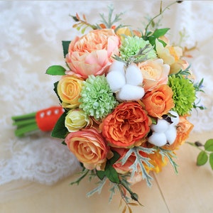 9 inch orange & green wedding bridal bouquet, orange bouquet, cotton bride bouquet, artificial bridesmaid bouquet, rose ball daisy bouquet