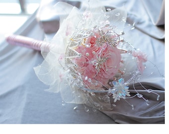 Custom Pink Rose Bridal Bouquet, Jewelry Brooch Scepter, Crystal Crown