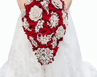 Burgundy Rose Brooch Bouquet, Navy Blue Teardrop Bridal Bouquet