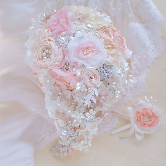 Handmade Coral Pink Wedding Bridal Bouquet Fabric Yarn Etsy