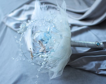 Light Blue Feather Bridal Bouquet, Brooch Jewelry Bouquet, Custom Wedding