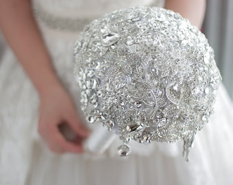 Custom Rhinestone Brooch Bouquet, Silver White Bridal Bouquet, 10 inch