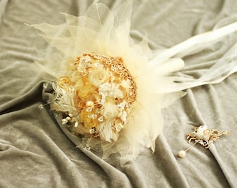 Ivory Rose Wedding Bouquet, Golden Brooch Jewelry, Eternal Flower Design