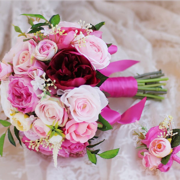 9 " Hot Pink & Pink Burgundy Wedding Bouquet Bruids boeket kunstmatige bloem boeket bruidsmeisje boeket kit Austin Rose Bruid Boeket