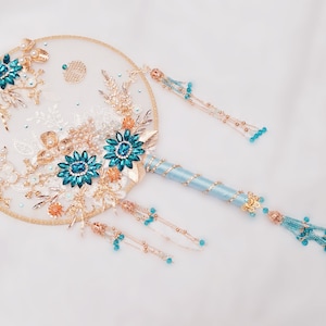Handmade DIY blue rhinestone decoration fan, Chinese style wedding fan, golden & red festive pearl tassel creative wedding photography props