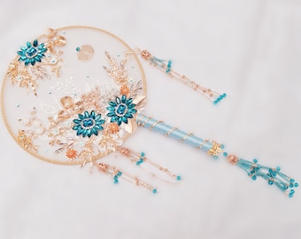 Handmade Rhinestone Wedding Fan, Blue Pearl Tassel, Chinese Style Photography Prop