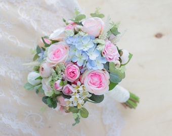 Pink & Blue Rose Hydrangea Wedding Bouquet, Artificial Bridal Flowers