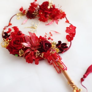 Customized Chinese fan bouquet, red-gold wedding traditional Chinese style, bridal fan, round fan, flower fan, Chinese wedding, group fan