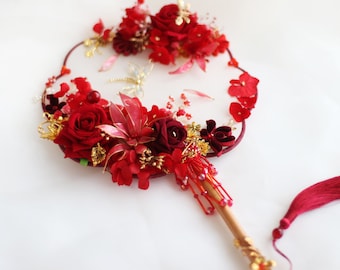 Red Gold Chinese Wedding Fan Bouquet, Rhinestone Pearl Tassel Prop