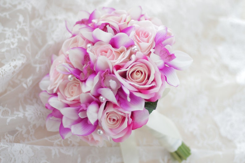 9 Inch Hot Pink & Pink Wedding Bouquet, Pink Artificial Flower Bouquet