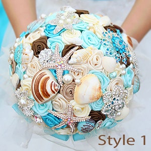 Hand-made marine wedding themed bouquets brooch bouquets jewelry bouquets, shells and starfish bouquets blue bridal bouquets multiple colors