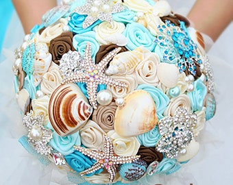 Handmade Marine Wedding Bouquet, Shells, Starfish, Rhinestone Brooch Blue Pink Ivory Shell Bouquet