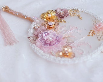 Handmade Chinese Palace Fan: Pink Flower, Crystal Pearl Tassel Wedding Decoration