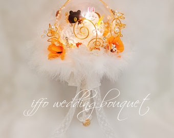 Cartoon Bear & Rabbit Bouquet, Crystal Crown, Orange Wedding Jewelry