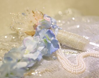 Custom Crystal Bridal Bouquet: Light Pink & Blue Rhinestone, Honey Bee Brooch