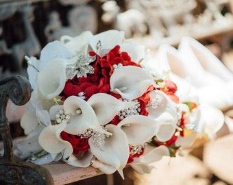 Red & White Calla Lily Brooch Bouquet - Rhinestone Bridal Bouquet