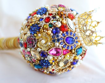 Rainbow Gemstone Bridal Bouquet with Rhinestone Crown