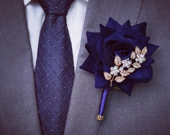 Burgundy Red Flannel Rose Boutonniere, Navy Blue Ivory Wedding Corsage