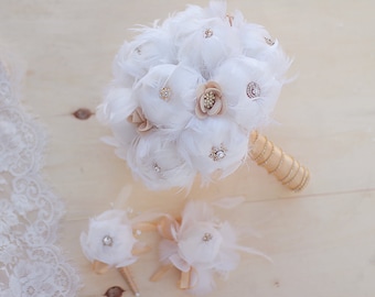 Ivory White Feather Peony Bouquet, Rhinestone Bridal Bouquet (9 inch)