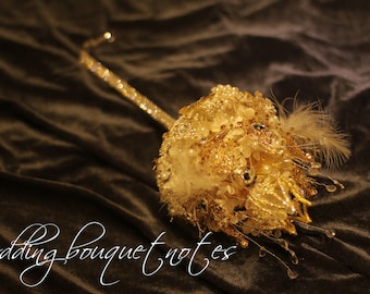 Custom Golden Crown Wedding Scepter Bouquet, Feather Rhinestone Brooch