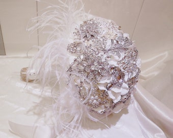 Ostrich Feather Brooch Bouquet, Crystal Rhinestone Wedding Bouquet